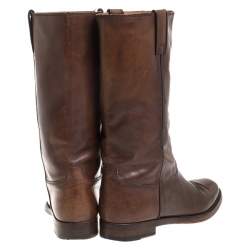 Pre Owned Gucci Brown Leather Mid Calf Round Toe Boots Size 41