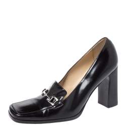 Pre Owned Gucci Black Leather Square Horsebit Square Toe Pumps Size 37