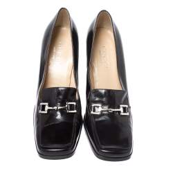 Pre Owned Gucci Black Leather Square Horsebit Square Toe Pumps Size 37