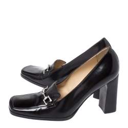 Pre Owned Gucci Black Leather Square Horsebit Square Toe Pumps Size 37