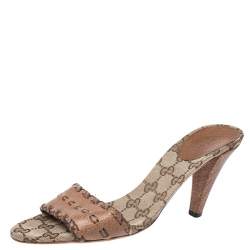 مملوكة مسبقًا Gucci Brown Leather And GG Canvas Slides Size 39