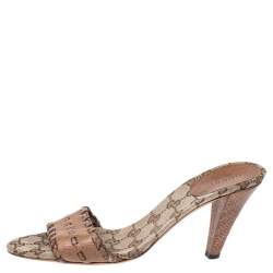 مملوكة مسبقًا Gucci Brown Leather And GG Canvas Slides Size 39