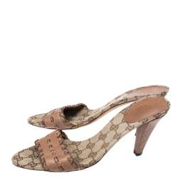 مملوكة مسبقًا Gucci Brown Leather And GG Canvas Slides Size 39