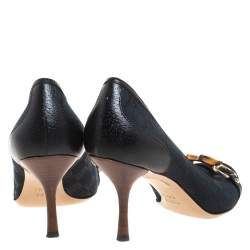 Pre Owned Gucci Black GG Canvas And Leather Trim Bamboo Horsebit Pumps Size 38.5