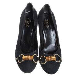 Pre Owned Gucci Black GG Canvas And Leather Trim Bamboo Horsebit Pumps Size 38.5