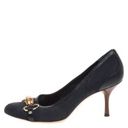 Pre Owned Gucci Black GG Canvas And Leather Trim Bamboo Horsebit Pumps Size 38.5