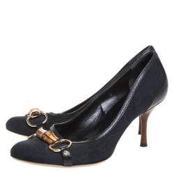 Pre Owned Gucci Black GG Canvas And Leather Trim Bamboo Horsebit Pumps Size 38.5