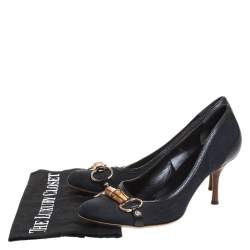 Pre Owned Gucci Black GG Canvas And Leather Trim Bamboo Horsebit Pumps Size 38.5
