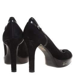 Pre Owned Gucci Black Suede And Leather Trim Buckle Detail Round Toe Pumps Size 38