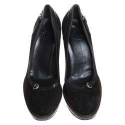 Pre Owned Gucci Black Suede And Leather Trim Buckle Detail Round Toe Pumps Size 38