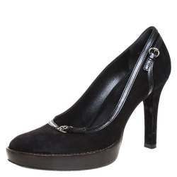 Pre Owned Gucci Black Suede And Leather Trim Buckle Detail Round Toe Pumps Size 38