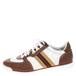 Gucci White Guccissima Canvas And Tan Leather Web Detail Sneakers Size 40.5