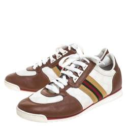 Gucci White Guccissima Canvas And Tan Leather Web Detail Sneakers Size 40.5