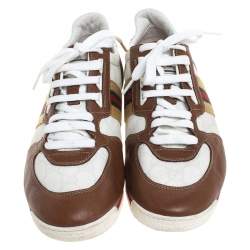 Gucci White Guccissima Canvas And Tan Leather Web Detail Sneakers Size 40.5