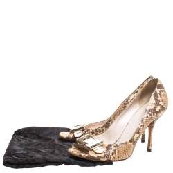 Pre Owned Gucci Two-Tone Python And Leather Trim Buckle Detail Peep Toe Pumps Size 38.5