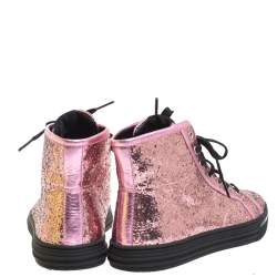 Pre Owned حذاء رياضي غوتشي كاليفورنيا حواف جلد وجلد غليتر وردي ميتاليك بعنق مرتفع مقاس 38