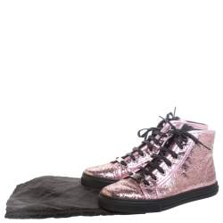 Pre Owned حذاء رياضي غوتشي كاليفورنيا حواف جلد وجلد غليتر وردي ميتاليك بعنق مرتفع مقاس 38