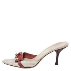 Gucci Beige/Red Canvas and Leather Open Toe Slide Sandals Size 38