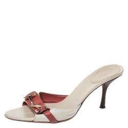 Gucci Beige/Red Canvas and Leather Open Toe Slide Sandals Size 38