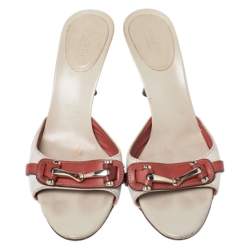 Gucci Beige/Red Canvas and Leather Open Toe Slide Sandals Size 38