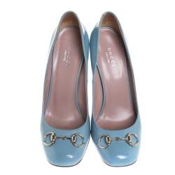 Pre Owned Gucci Blue Patent Leather Jolene Horsebit Pumps Size 38