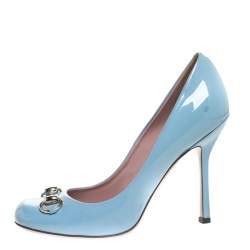 Pre Owned Gucci Blue Patent Leather Jolene Horsebit Pumps Size 38
