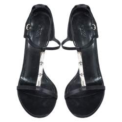 Pre Owned Gucci Black Satin Crystal Embellished T-strap Sandals Size 41