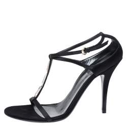Pre Owned Gucci Black Satin Crystal Embellished T-strap Sandals Size 41