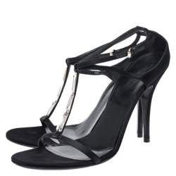 Pre Owned Gucci Black Satin Crystal Embellished T-strap Sandals Size 41