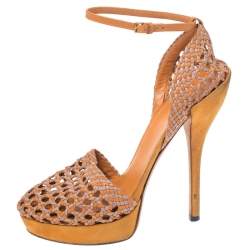 Gucci Two Tone Woven Leather Kyligh Ankle Strap Platform Sandals Size 37