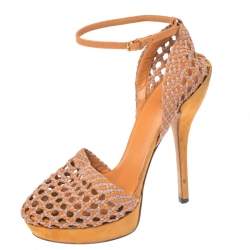 Gucci Two Tone Woven Leather Kyligh Ankle Strap Platform Sandals Size 37