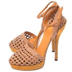 Gucci Two Tone Woven Leather Kyligh Ankle Strap Platform Sandals Size 37