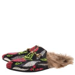 مملوكة مسبقًا حذاء مولز غوتشي Princetown هورسبيت فرو وقماش بروكيد زهور أسود مقاس 37