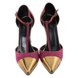 Pre Owned Gucci Tri Color Suede and Leather Cap Toe Coline T-Strap Pumps Size 41