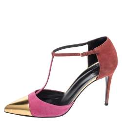 Pre Owned Gucci Tri Color Suede and Leather Cap Toe Coline T-Strap Pumps Size 41