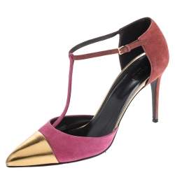 Pre Owned Gucci Tri Color Suede and Leather Cap Toe Coline T-Strap Pumps Size 41