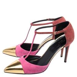 Pre Owned Gucci Tri Color Suede and Leather Cap Toe Coline T-Strap Pumps Size 41