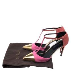 Pre Owned Gucci Tri Color Suede and Leather Cap Toe Coline T-Strap Pumps Size 41
