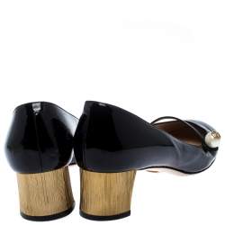 Pre Owned حذاء كعب عالي غوتشي Mary Jane تفاصيل لؤلؤ جلد لامع أسود مقاس 40.5