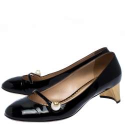 Pre Owned حذاء كعب عالي غوتشي Mary Jane تفاصيل لؤلؤ جلد لامع أسود مقاس 40.5