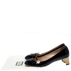 Pre Owned حذاء كعب عالي غوتشي Mary Jane تفاصيل لؤلؤ جلد لامع أسود مقاس 40.5