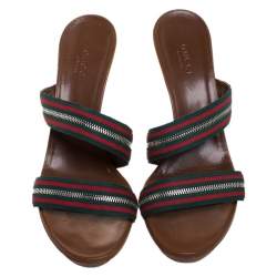 مملوكة مسبقًا صندل غوتشي سلايد كانفاس ويب سحاب متعاكس ثلاثي اللون مقاس 37.5