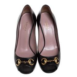 Pre Owned Gucci Black Leather Horsebit Peep Toe Pumps Size 35