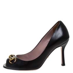 Pre Owned Gucci Black Leather Horsebit Peep Toe Pumps Size 35