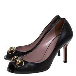 Pre Owned Gucci Black Leather Horsebit Peep Toe Pumps Size 35