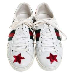 Gucci White Leather Ace Metallic Stars Low Top Sneakers Size 36.5