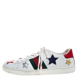 Gucci White Leather Ace Metallic Stars Low Top Sneakers Size 36.5