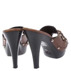 Pre Owned Gucci Brown Leather Icon Bit Platform Clogs Size 37.5