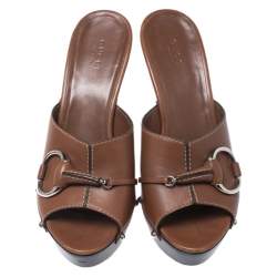 Pre Owned Gucci Brown Leather Icon Bit Platform Clogs Size 37.5