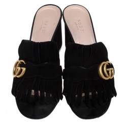 مملوكة مسبقًا Gucci Black Suede Leather GG Marmont Fringe Mules Size 37.5